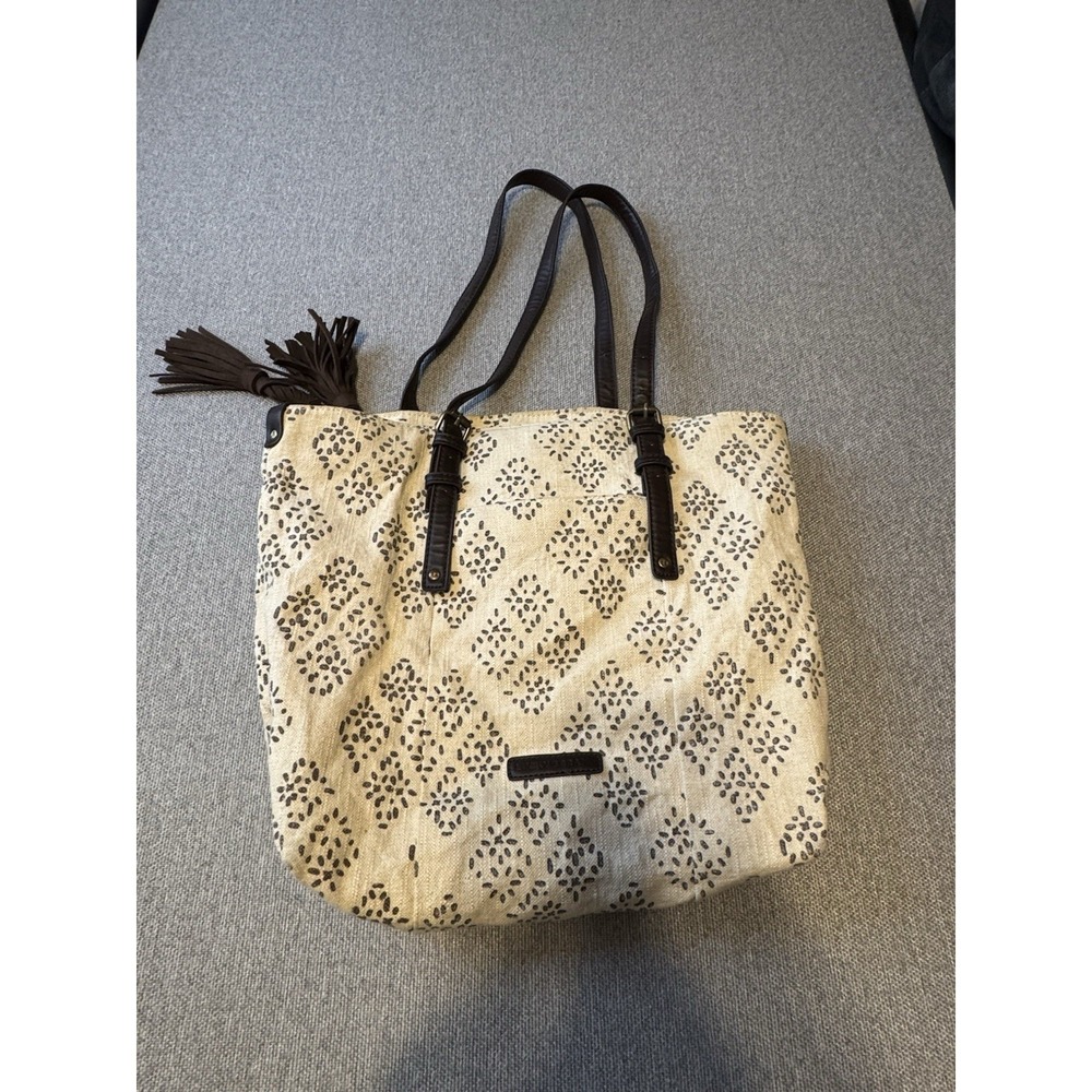 Lucky Brand Tote Bag Cotton Linen Canvas Tassels Dbl Handles Striped‎ Shoulder